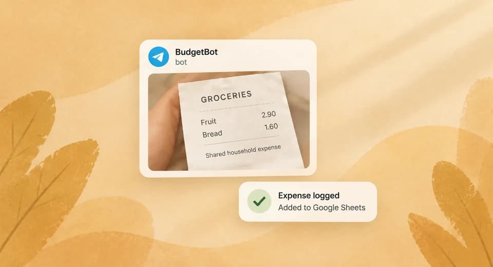 Illustration of a receipt being recorded through a Telegram conversation.