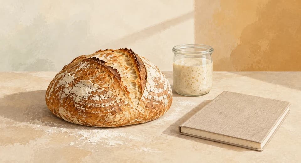 Illustration of a sourdough loaf, a starter jar, and a baking notebook.