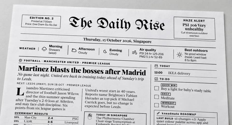 A printed one-page morning newspaper called The Daily Rise.